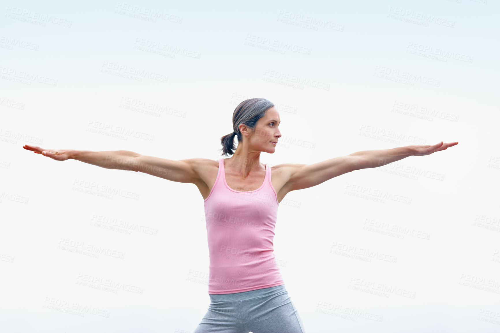 Buy stock photo Fitness, woman and blue sky with stretching for yoga of exercise, morning routine and mindfulness. Space, mature person and warm up for pilates of mental health, holistic performance and freedom care