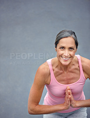 Buy stock photo Yoga, woman and namaste with portrait outdoor for holistic fitness, mindfulness and peace of morning routine. Above, mature person and chakra, meditation and mental health with wellness performance