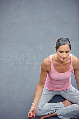 Buy stock photo Above, woman and lotus in yoga for peace, meditation and wellness on floor space. Mature fitness person, zen and pilates in home for spiritual healing, positive mental health and calm to align chakra