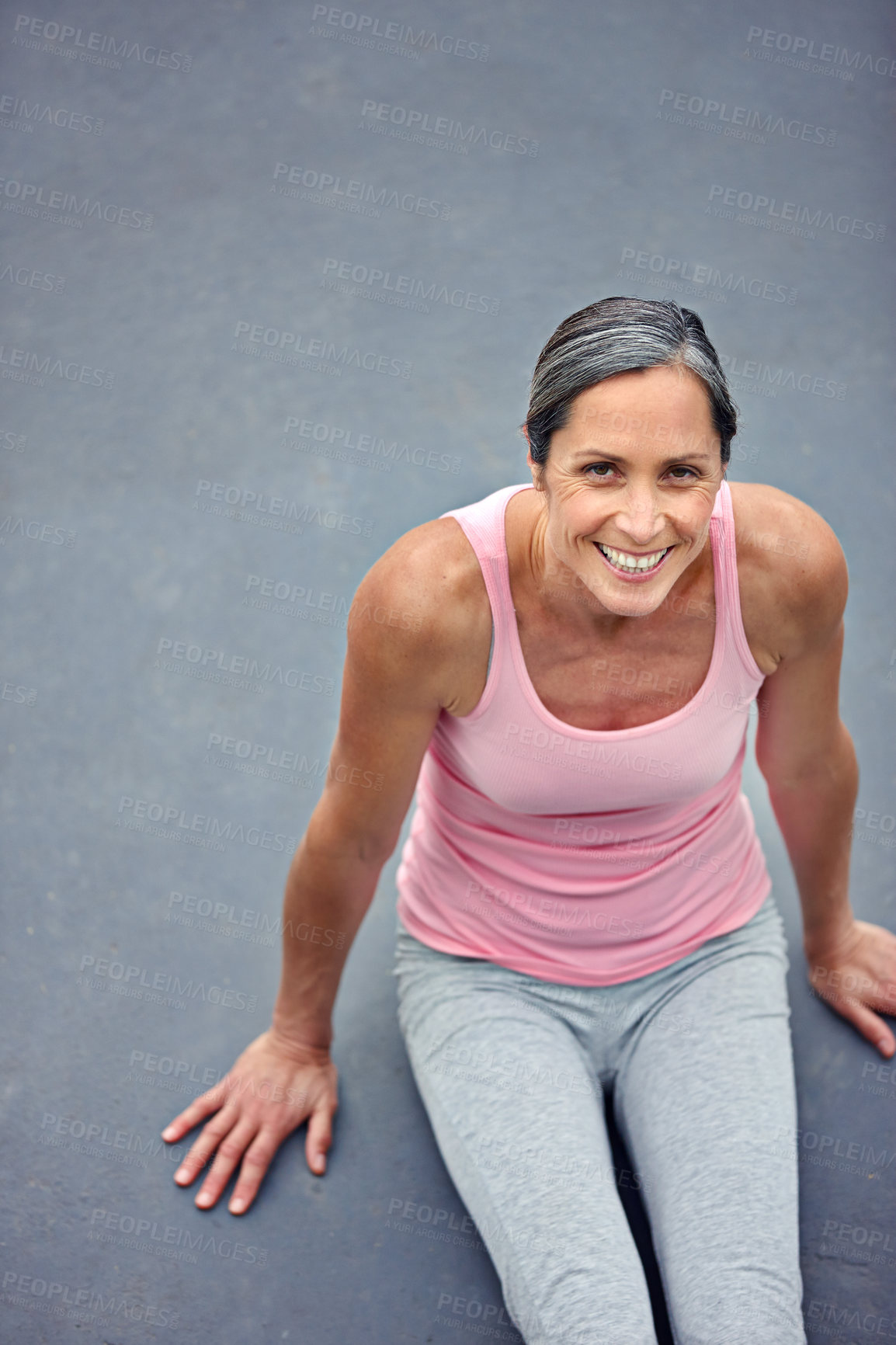 Buy stock photo Above, mature woman and fitness with portrait, exercise and workout with balance. Face, happy person and healthy lady with morning routine, happiness and breathing with yoga, meditation and wellness