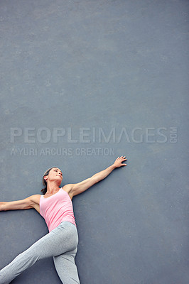 Buy stock photo Mature woman, rest and stretching with yoga for fitness exercise, morning routine and mindfulness. Mockup space, person and warm up with pilates of mental health, holistic healing and freedom outdoor