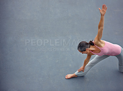 Buy stock photo Above, mature woman and stretching with yoga for fitness exercise, morning routine and mindfulness. Active, person and warm up with pilates for mental health, holistic performance and freedom outdoor