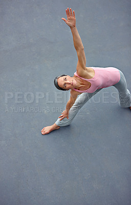 Buy stock photo Mature woman, above and stretching with yoga for fitness exercise, morning routine and mindfulness. Active, person and warm up with pilates for mental health, holistic performance and freedom outdoor