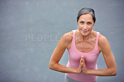 Buy stock photo Woman, yoga and namaste with portrait outdoor for holistic fitness, mindfulness and peace of morning routine. Above, mature person and chakra zen, meditation care and mental health with mockup space 