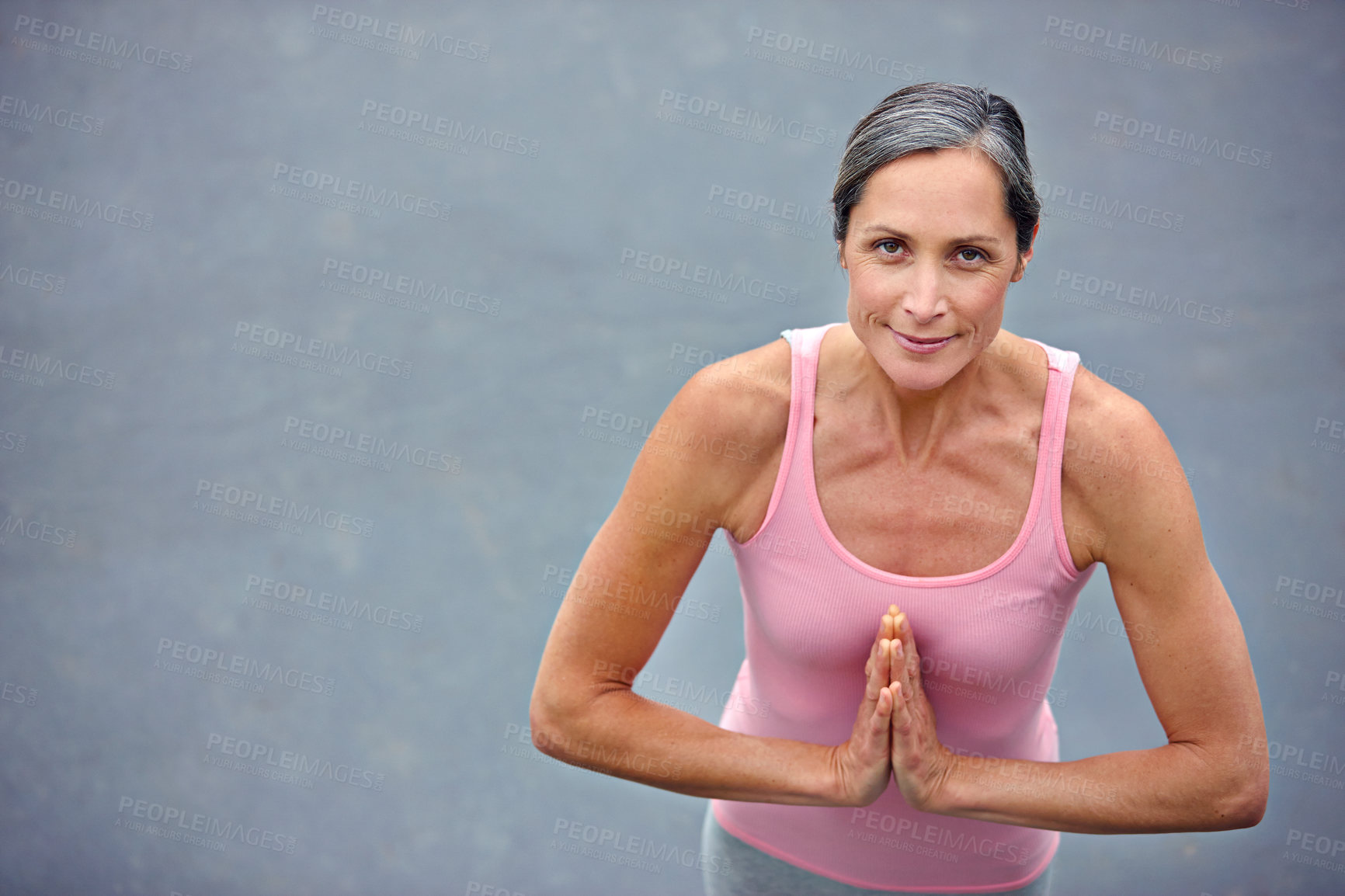 Buy stock photo Woman, yoga and namaste with portrait outdoor for holistic fitness, mindfulness and peace of morning routine. Above, mature person and chakra zen, meditation care and mental health with mockup space 