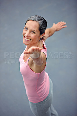 Buy stock photo Portrait, woman and stretching for yoga outdoor of fitness exercise, morning routine and mindfulness. Mature, person and warm up for pilates of mental health, holistic performance and freedom balance