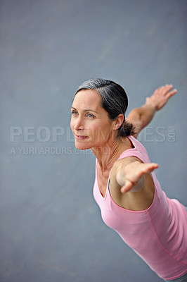 Buy stock photo Thinking, mature woman and stretching of yoga for fitness exercise, morning routine and mindfulness. Above, person and warm up with pilates for mental health, holistic performance and freedom outdoor