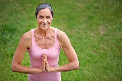 Buy stock photo Portrait of an attractive mature woman doing yoga outdoors