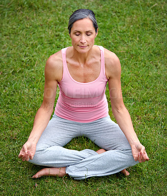 Buy stock photo Woman, outdoor and lotus in yoga for meditation, peace or wellness in garden. Mature fitness person, zen or healthy body on grass for spiritual healing, positive mental health or calm to align chakra