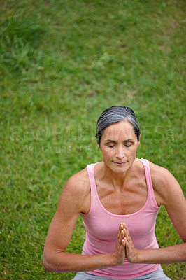 Buy stock photo Grass, woman and eyes closed with zen on meditation for peace, calm and mental health for mindfulness. Mature person, outdoor and above with namaste as activity or hobby for wellness and self care