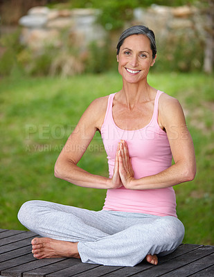 Buy stock photo Portrait, meditation and mature woman with yoga, lotus and fitness with morning routine, balance and wellness. Face, healthy person and lady with workout, pilates training and exercise with breathing