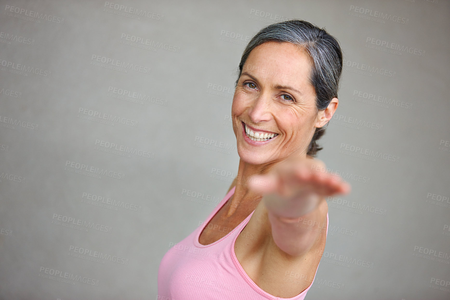 Buy stock photo Senior woman, portrait and yoga pose with smile in studio with mockup space for health, balance and exercise on wall background. Face, meditation and mature lady happy with zen workout or training