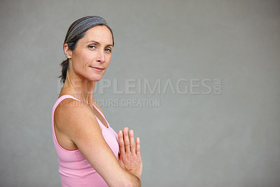 Buy stock photo Yoga, portrait and elderly woman in praying pose in studio health, balance and exercise on wall background. Face, meditation and mature lady calm with zen for workout and training on space for mockup