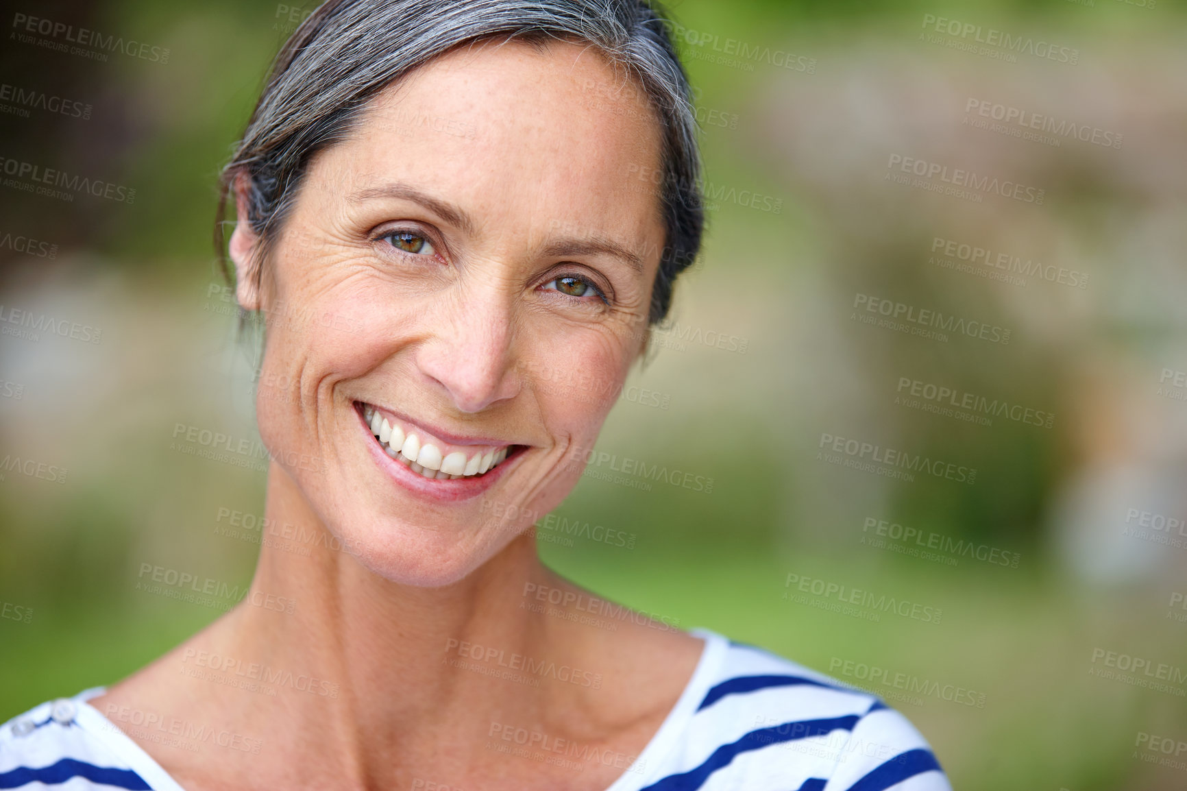 Buy stock photo Mature woman, outdoor and portrait in garden, nature or excited in backyard with sunshine in morning. Person, smile and happy with confidence, face and break with pride, summer and blur in Germany