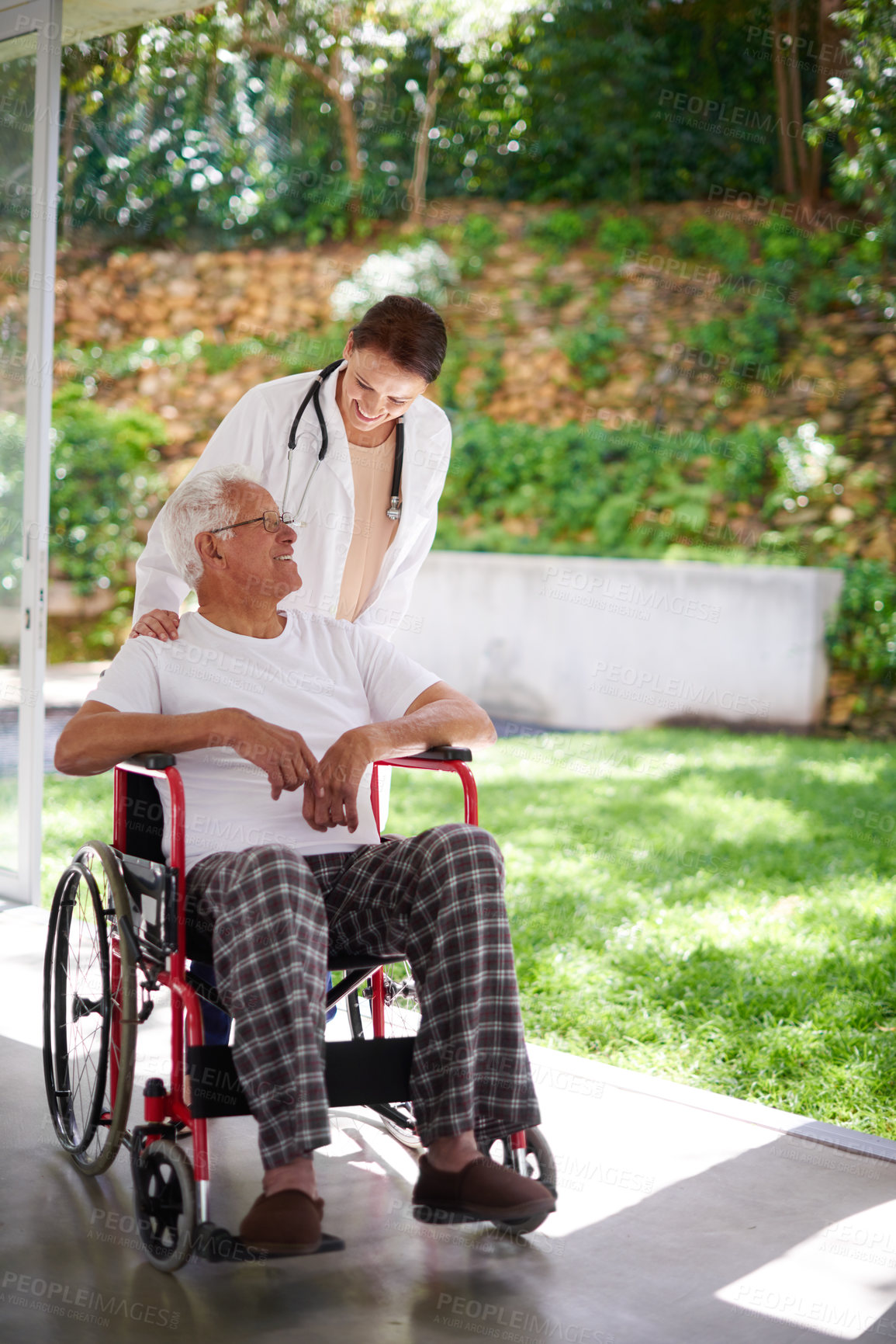 Buy stock photo Doctor, woman and helping man in wheelchair, nursing home and support patient with injury. People, assistance and  talking to person with disability, care and kindness in rehabilitation or compassion