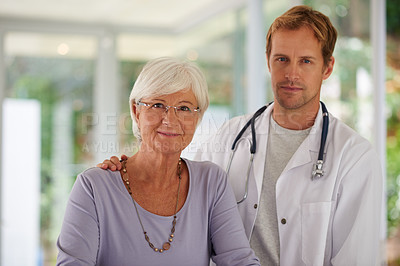 Buy stock photo Portrait of a positive senior woman and her caring doctor