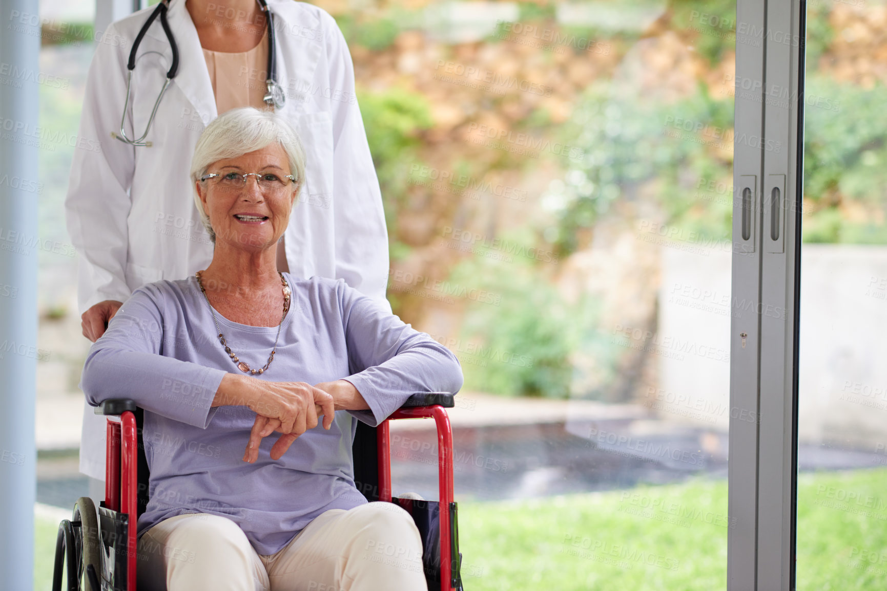 Buy stock photo Happy old woman, wheelchair portrait or doctor for healthcare support or wellness at nursing home. Physiotherapy, senior patient or elderly person with a disability for care, empathy or hope