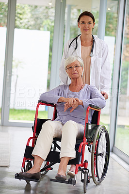 Buy stock photo Old woman, wheelchair portrait or doctor in nursing home for healthcare support, help or wellness. Physiotherapy, senior patient or elderly female person with a disability for care, empathy or hope