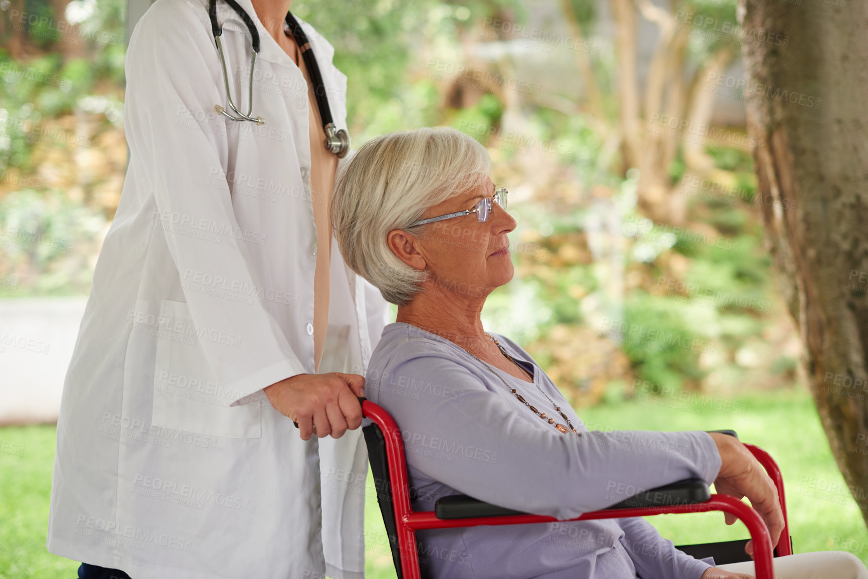 Buy stock photo Old woman, wheelchair or doctor walking in park for healthcare support or wellness at nursing home. Profile, senior patient or elderly person with a disability for care, fresh air or outdoor nature