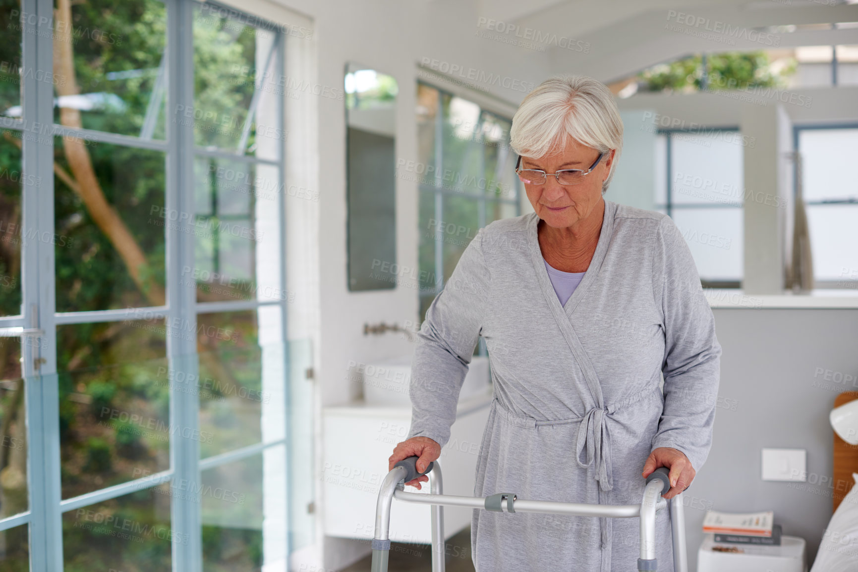 Buy stock photo Walker, walking and morning with old woman in bedroom for healthcare, arthritis and retirement. Medical, patient and senior with elderly person with a disability in nursing home for rehabilitation