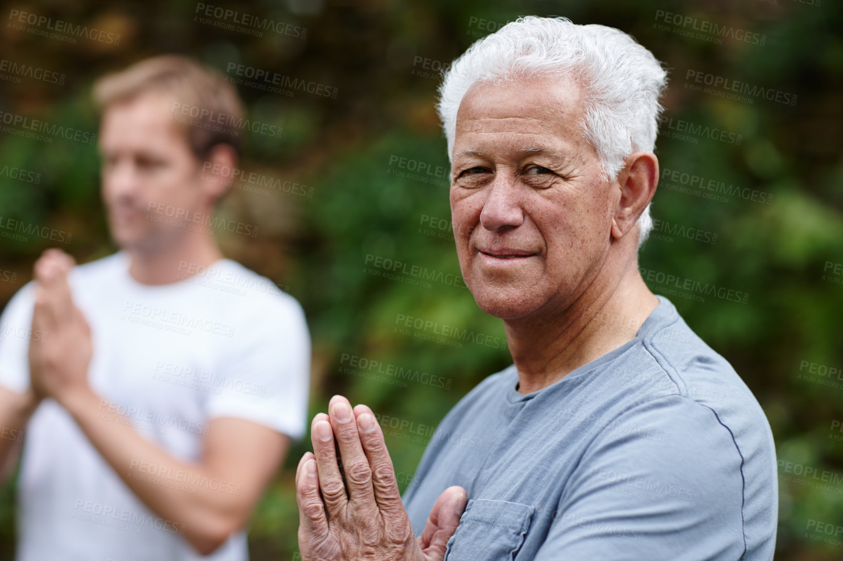 Buy stock photo Class, zen and meditation for senior man, portrait and wellness with yoga, spiritual or mindfulness. Outdoor, chakra and healthy in retirement, peace and relax for mature person, pensioner or namaste