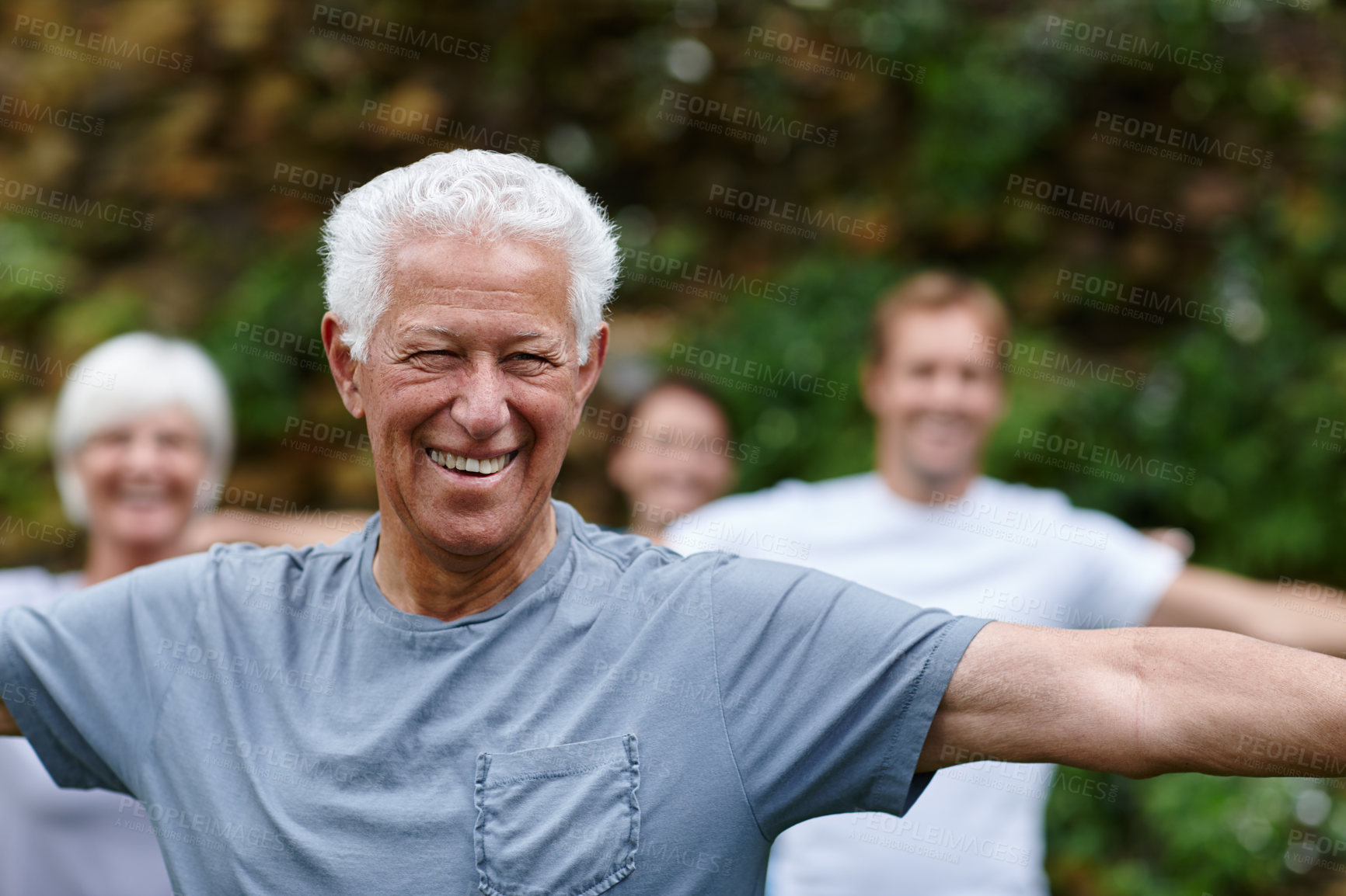 Buy stock photo Stretching, smile and old man in nature with yoga class for spiritual retreat, peace and zen. Wellness, fitness and connection with group of people in park for balance, community and pilates