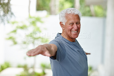 Buy stock photo Portrait of a senior man doing yoga outdoors