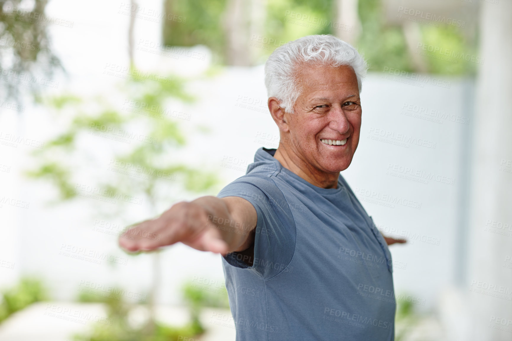 Buy stock photo Portrait of a senior man doing yoga outdoors