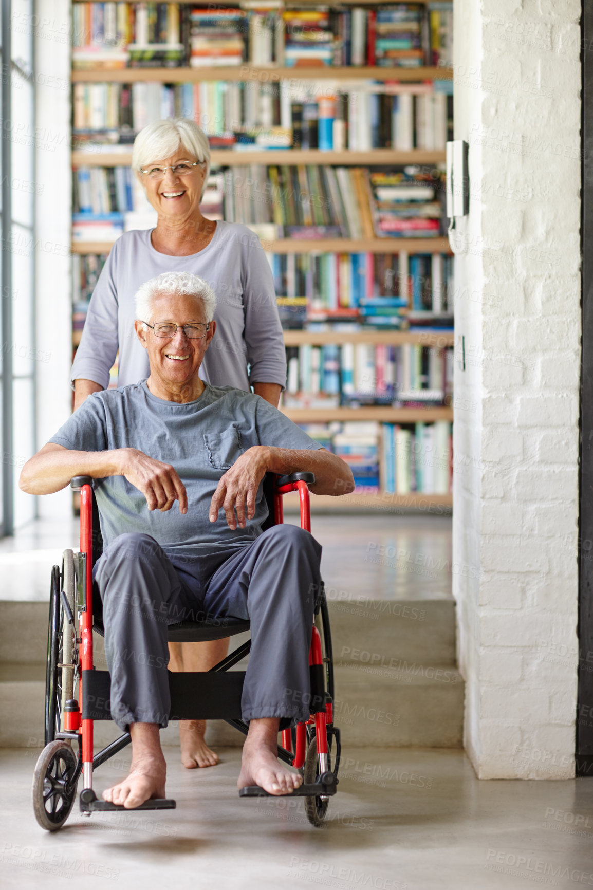 Buy stock photo Old couple, portrait and care for man in wheelchair, home and support husband with injury. Senior people, assistance and person with disability, love and kindness in rehabilitation or compassion