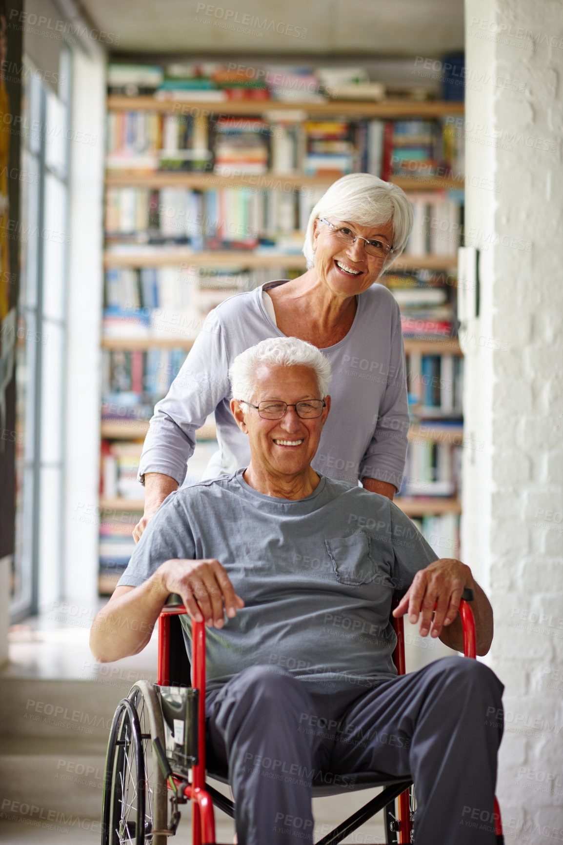 Buy stock photo Happy couple, portrait and care for old man in wheelchair, home, house and support with injury. People, assistance or senior person with disability, love and kindness in rehabilitation for wellness