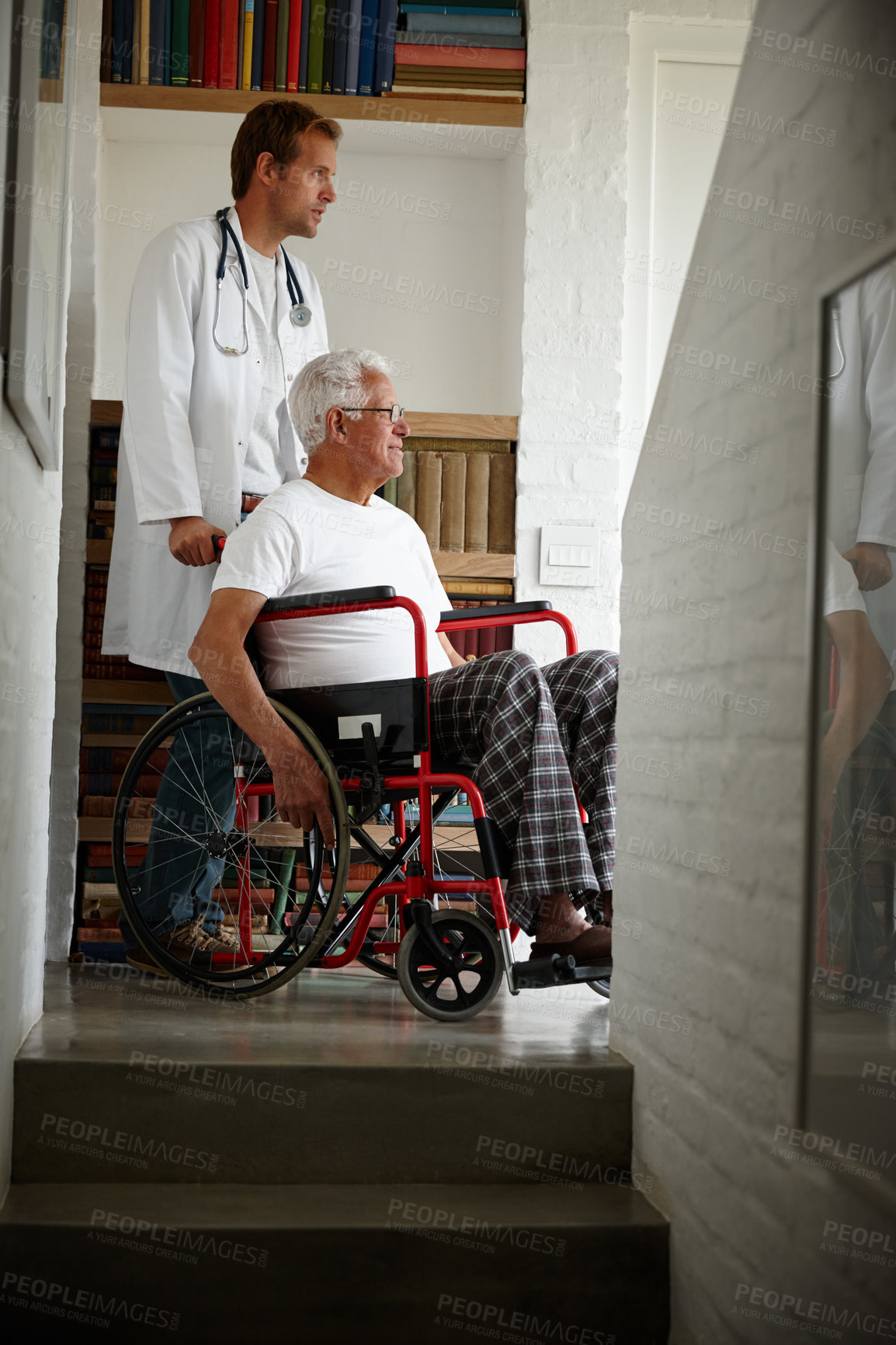 Buy stock photo Doctor, senior man and wheelchair by window with reflection, memory and thinking with recovery. Medic, patient or elderly person with disability, perspective and healing for injury in retirement