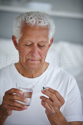 Buy stock photo House, old man and medicine with pills, water and healthcare with supplements. Nursing home, pensioner and senior person with liquid, tablets and drugs with wellness, bedroom and retirement 