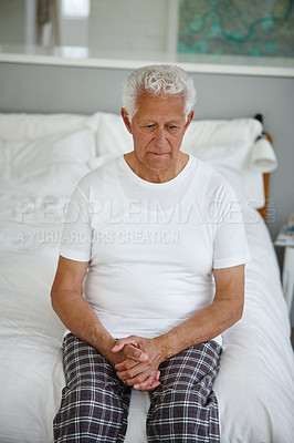 Buy stock photo Senior man, thinking and sad in clinic or assisted living facility as patient with Alzheimers. Elderly person, depression and planning in retirement home for treatment, support and healthcare service