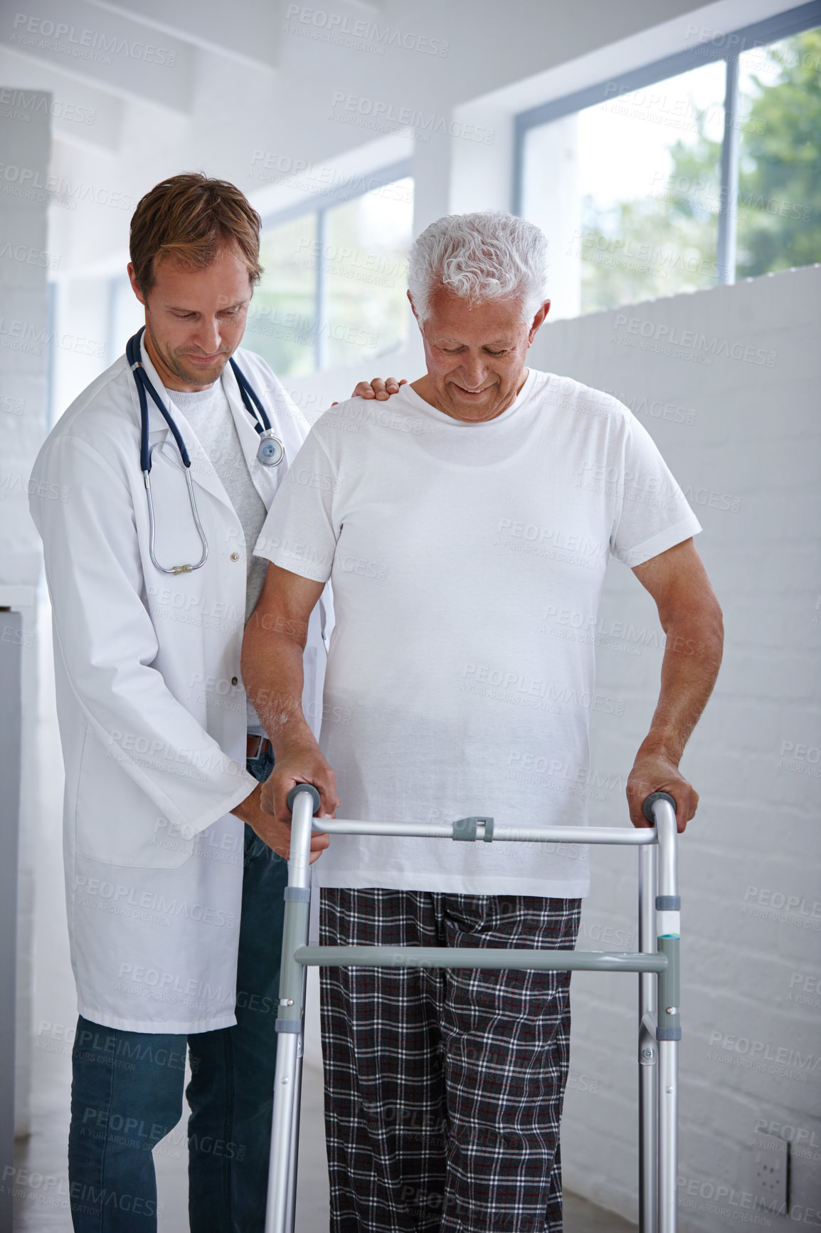 Buy stock photo Doctor, walking frame and help elderly man for support, medical health and community care in home. Patient, walker and assistance of person with disability for retirement, physiotherapy and recovery