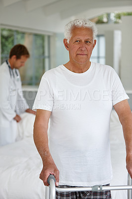 Buy stock photo Elderly man, walker and portrait in bedroom with doctor at nursing home for mobility, balance or recovery in retirement. Senior person with disability, rehabilitation or steps for healing in Germany