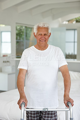 Buy stock photo Senior man, walking frame and bedroom with smile at nursing home for mobility, balance or recovery in retirement. Elderly person with disability, rehabilitation and steps with healthcare in Spain