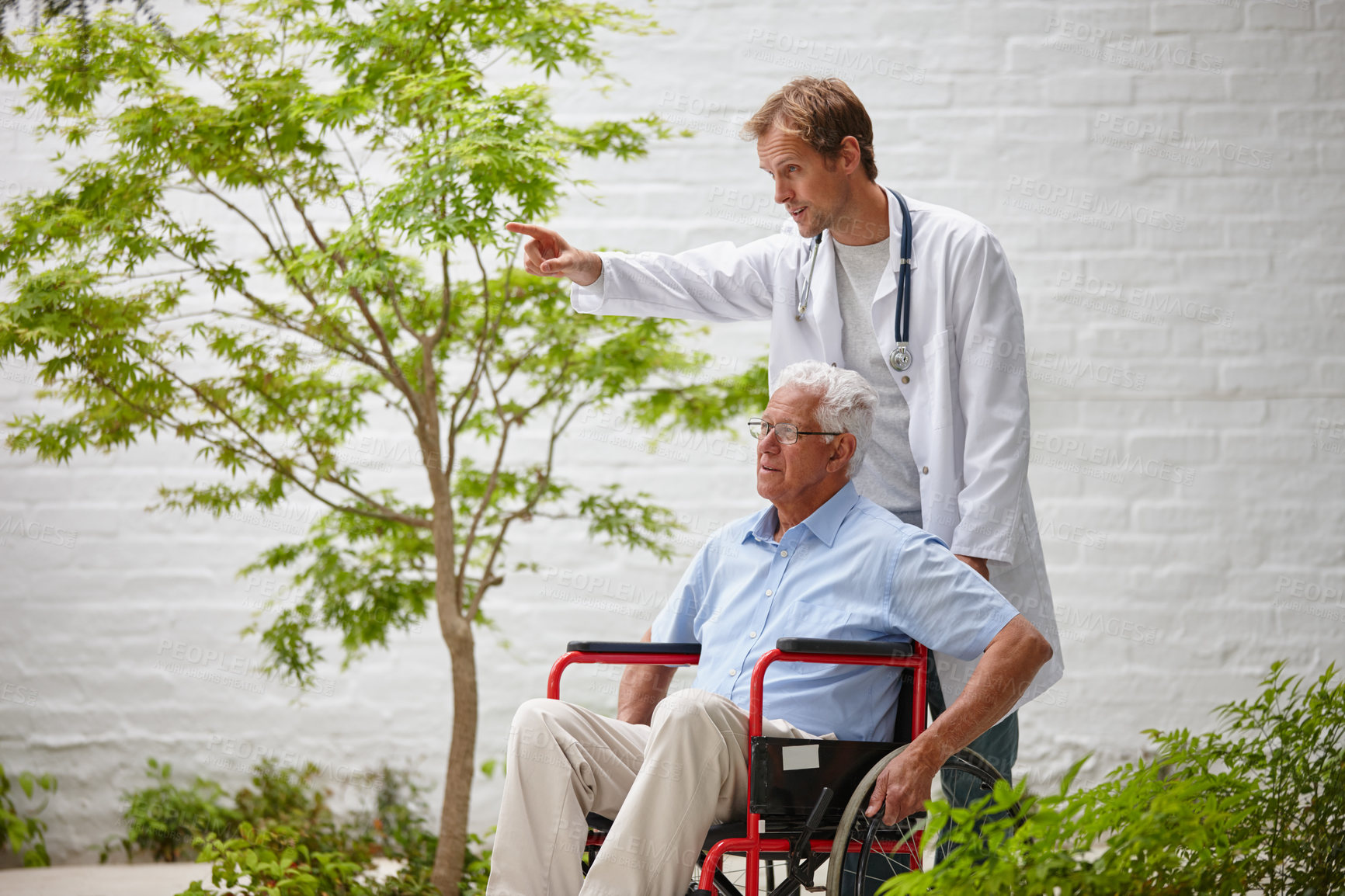 Buy stock photo Shot of a male doctor taking his senior patient for an outing in his wheelchair