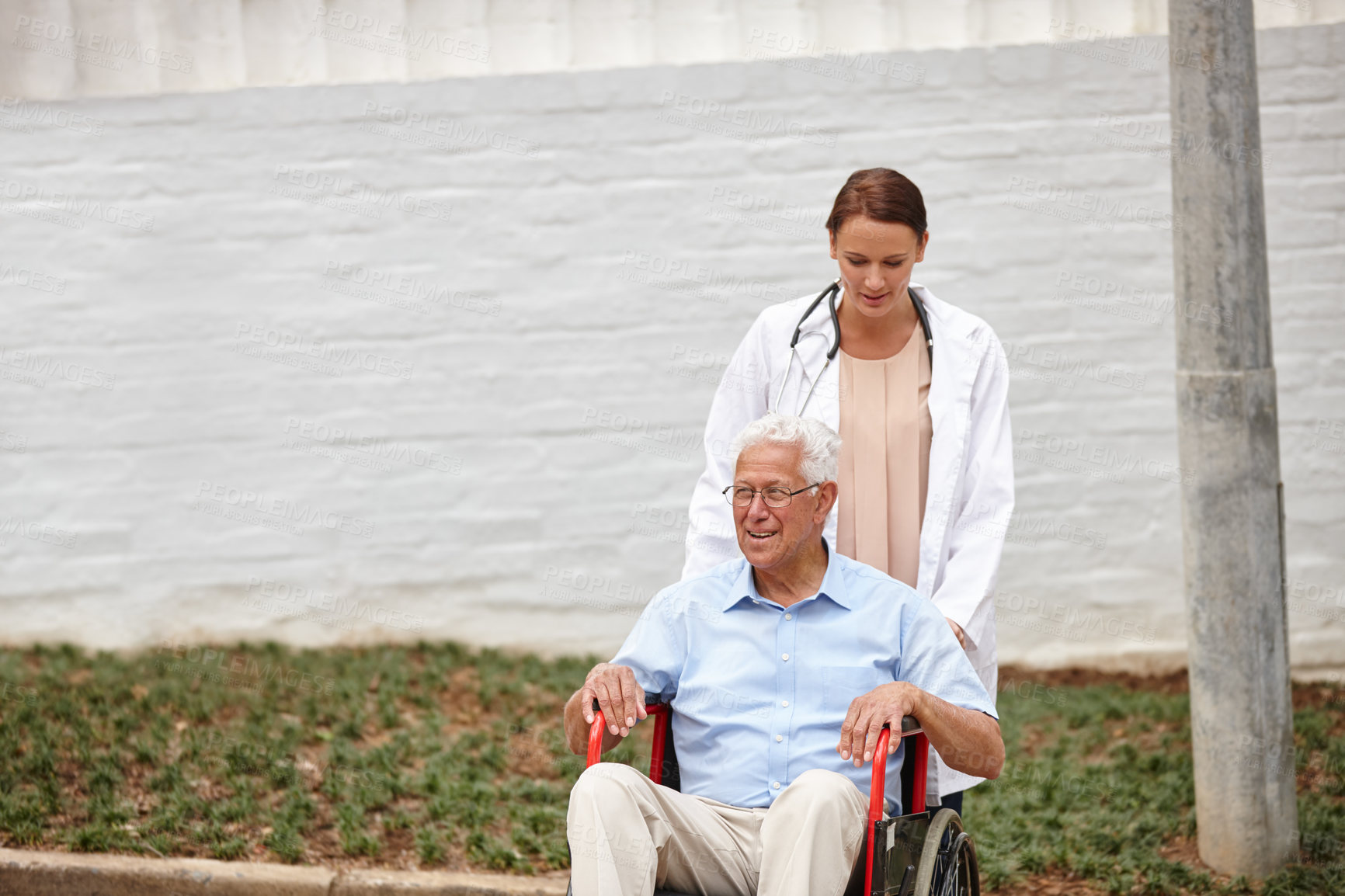 Buy stock photo Outdoor, pushing wheelchair or doctor with old man for healthcare support or break in park. Walking, senior patient or happy elderly person with a disability outside for care or wellness in nature