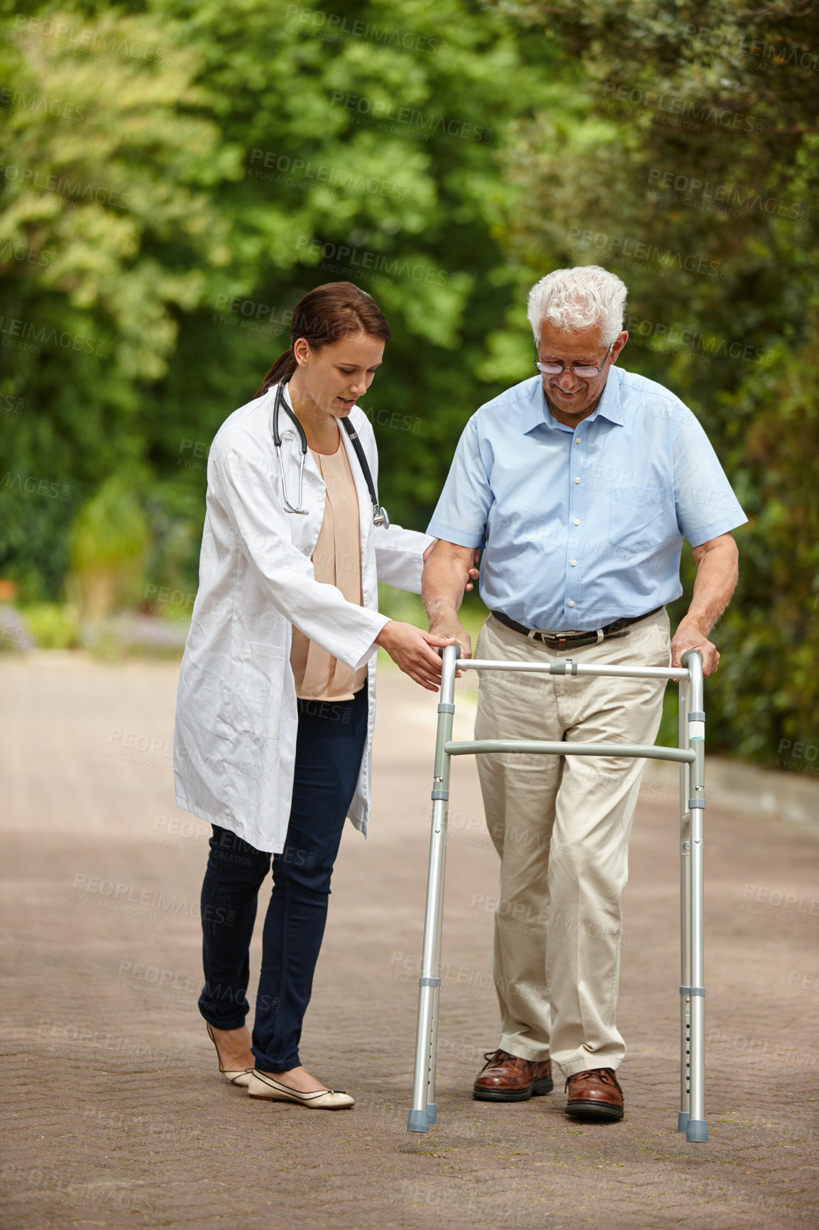 Buy stock photo Senior man, doctor and walker in clinic for outdoor, support and person with a disability. Woman, elderly patient and orthopaedic specialist in hospital for rehabilitation, recovery and physiotherapy