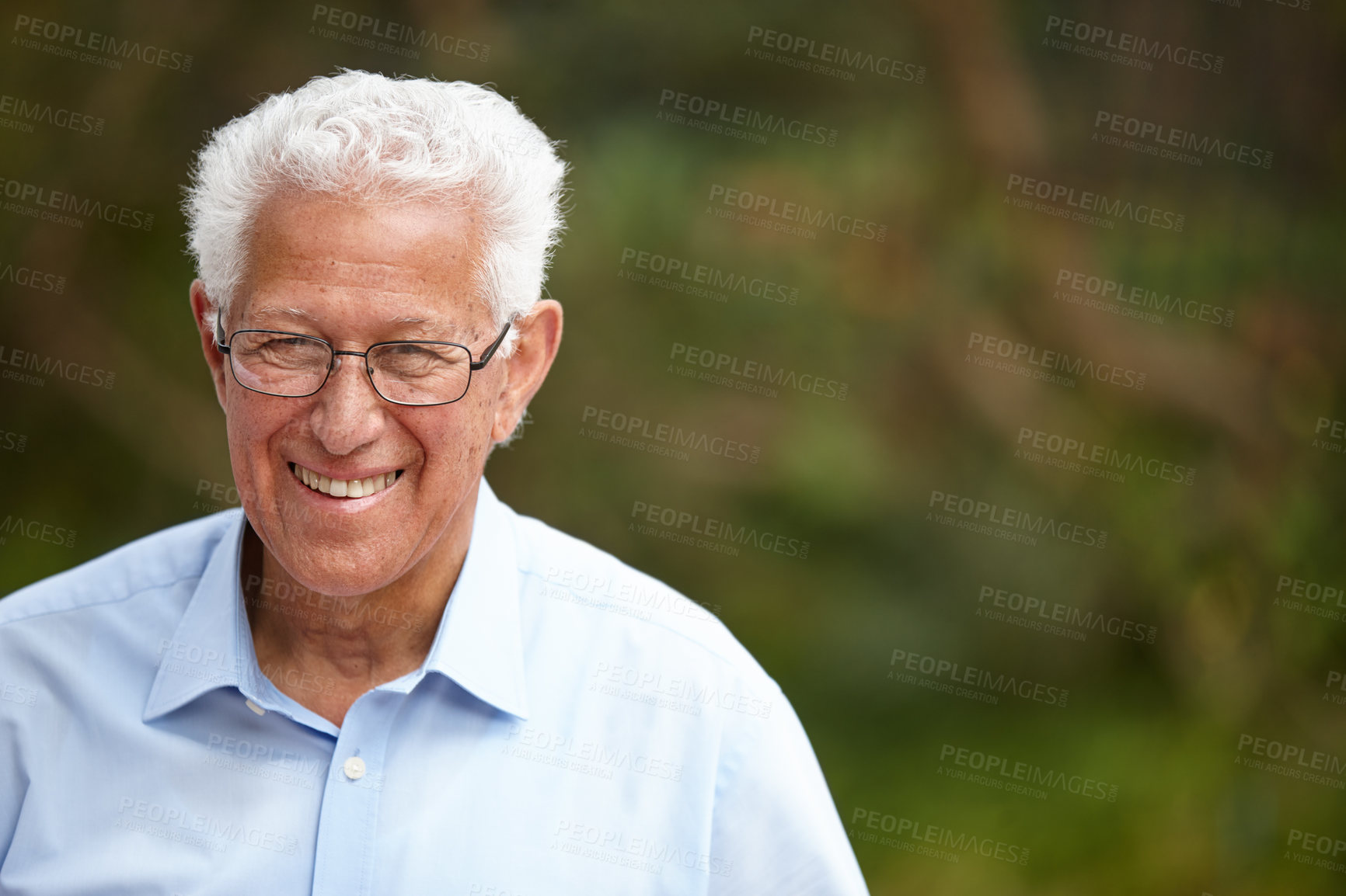 Buy stock photo Senior man, portrait and smile outdoor at nursing home for retirement and pension plan in Germany. Male person, old age house and relax for care, support and wellness with resting or chill in garden