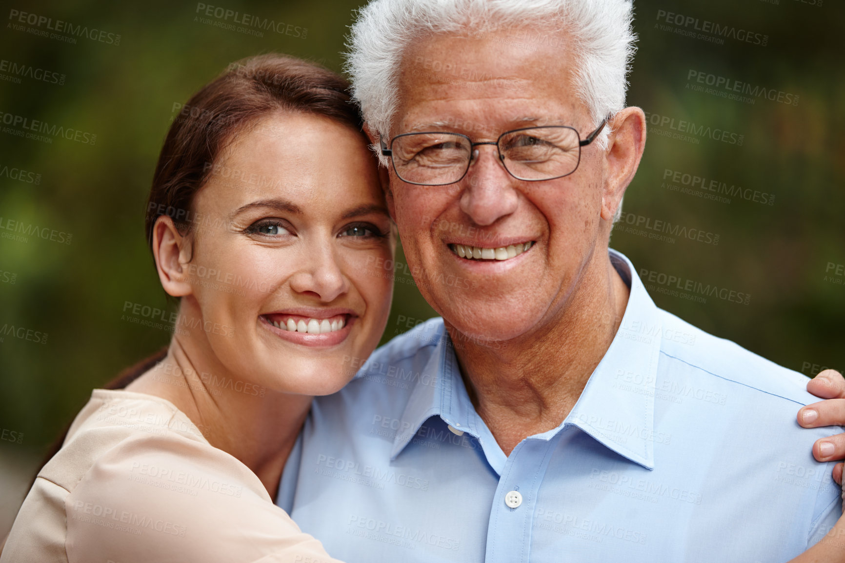 Buy stock photo Outdoor, senior father and daughter with hug on portrait for bonding, support and care in France. Garden, family and happiness as parent with woman on visit at nursing home for wellness or retirement