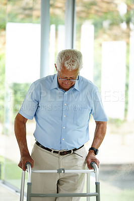 Buy stock photo Walking frame, support and senior man in home with medical aid, recovery and help for balance. Retirement, health and mature person with disability and walker for mobility, movement and wellness