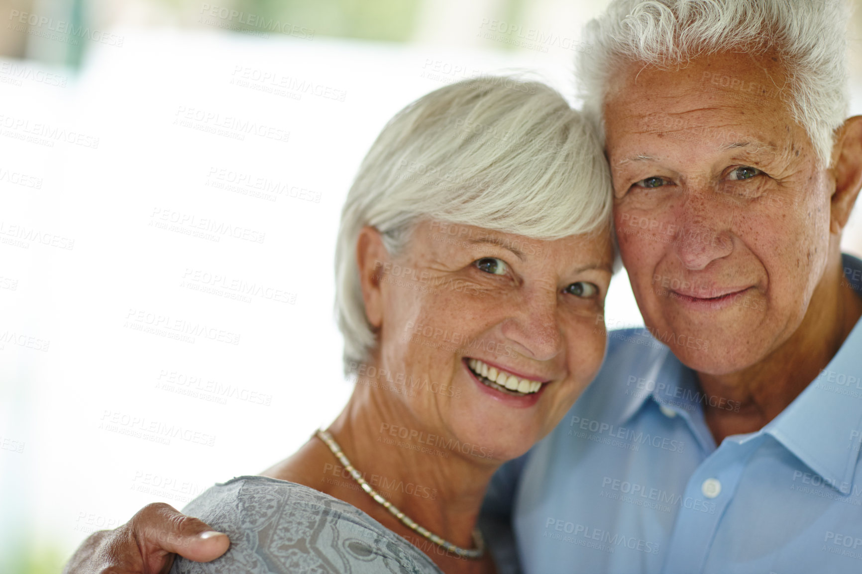 Buy stock photo Hug, portrait and senior couple with love, care and happy marriage in retirement together in home space. Embrace, elderly man and old woman in house with smile, support and comfort in morning bonding