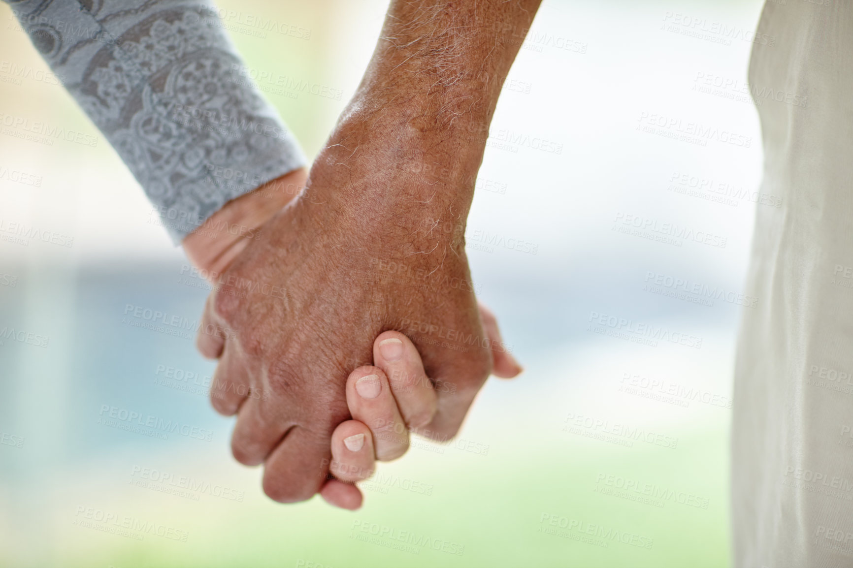 Buy stock photo Senior couple, holding hands and love with support for relationship, bonding or care in nature. Closeup, elderly man and woman with touch or help for togetherness, dating or romance in retirement