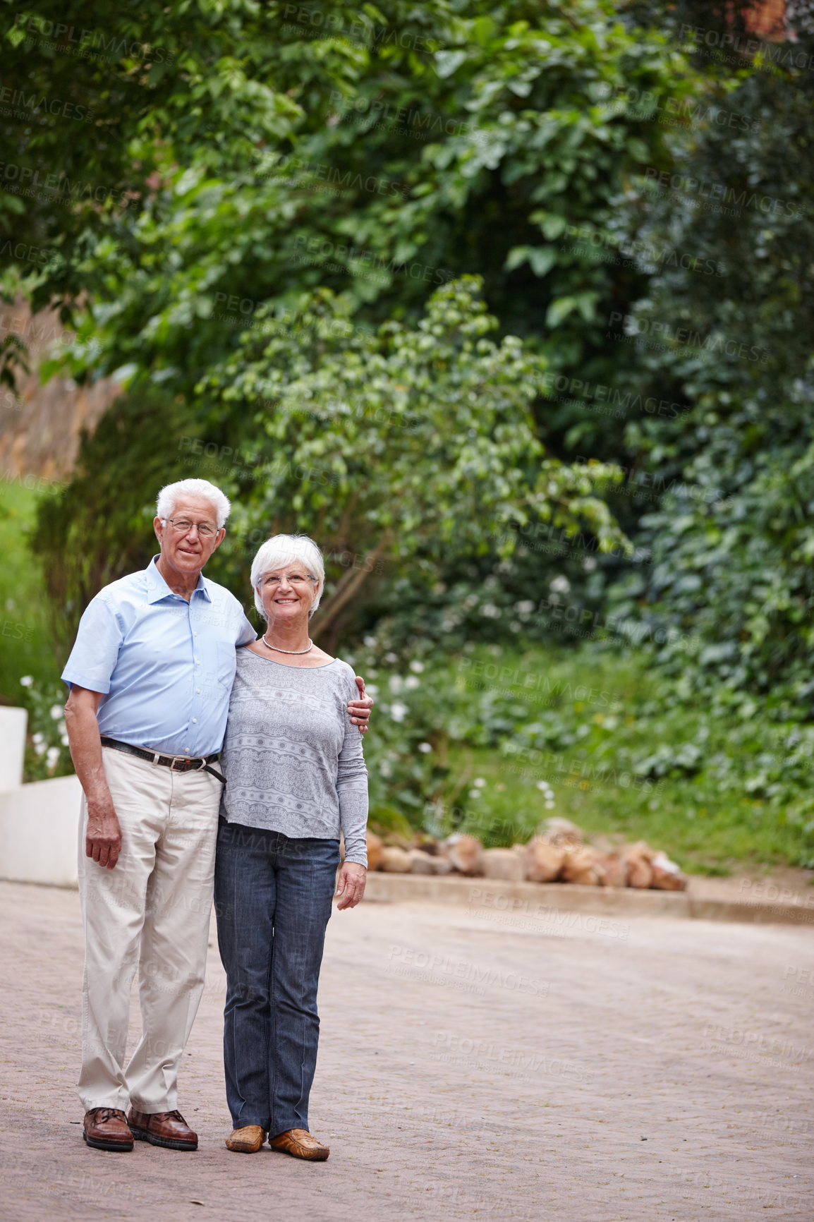 Buy stock photo Senior couple, portrait and hug with love in neighborhood for relationship, bonding or care. Elderly, man and woman with smile, support or embrace for commitment, dating or romance in retirement