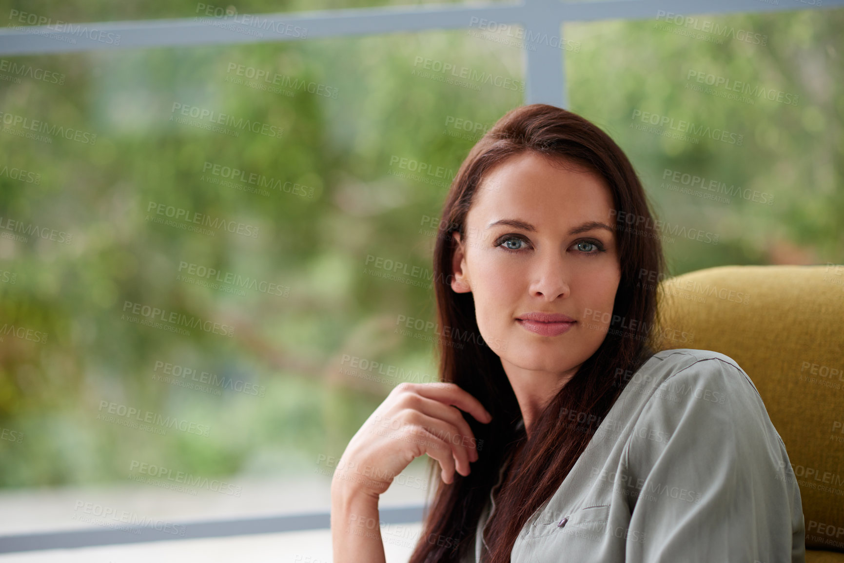 Buy stock photo Home, relax or portrait of woman on chair in living room for wellness, weekend or break. Face, chill or confident female person with modern apartment or house for comfort, resting or pride in Sweden