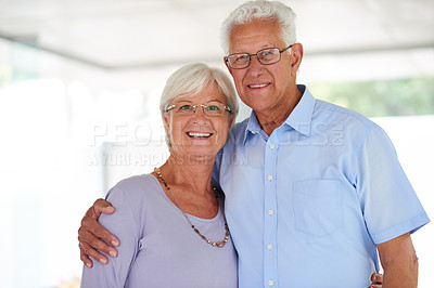 Buy stock photo Embrace, portrait and senior couple in home with love, care and happy marriage in retirement together. Hug, elderly man and old woman in house with smile, support and comfort with morning bonding.