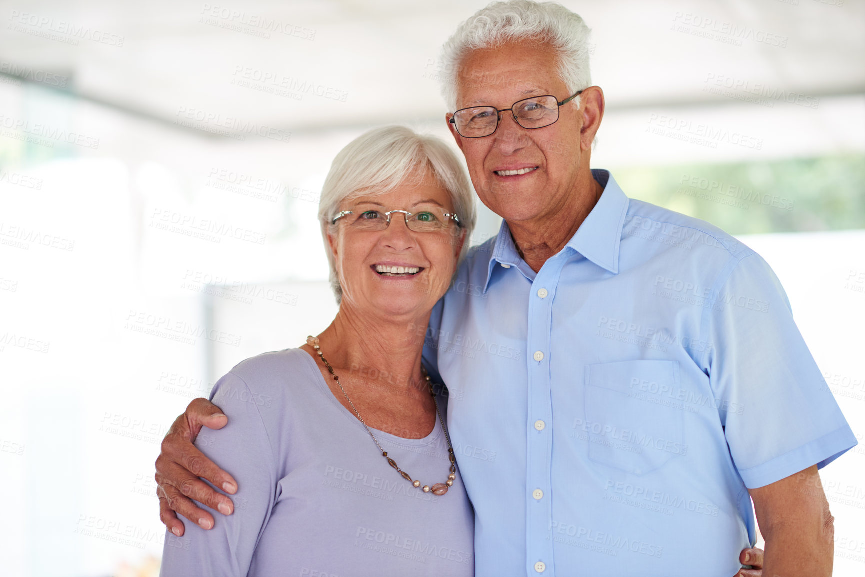 Buy stock photo Embrace, portrait and senior couple in home with love, care and happy marriage in retirement together. Hug, elderly man and old woman in house with smile, support and comfort with morning bonding.