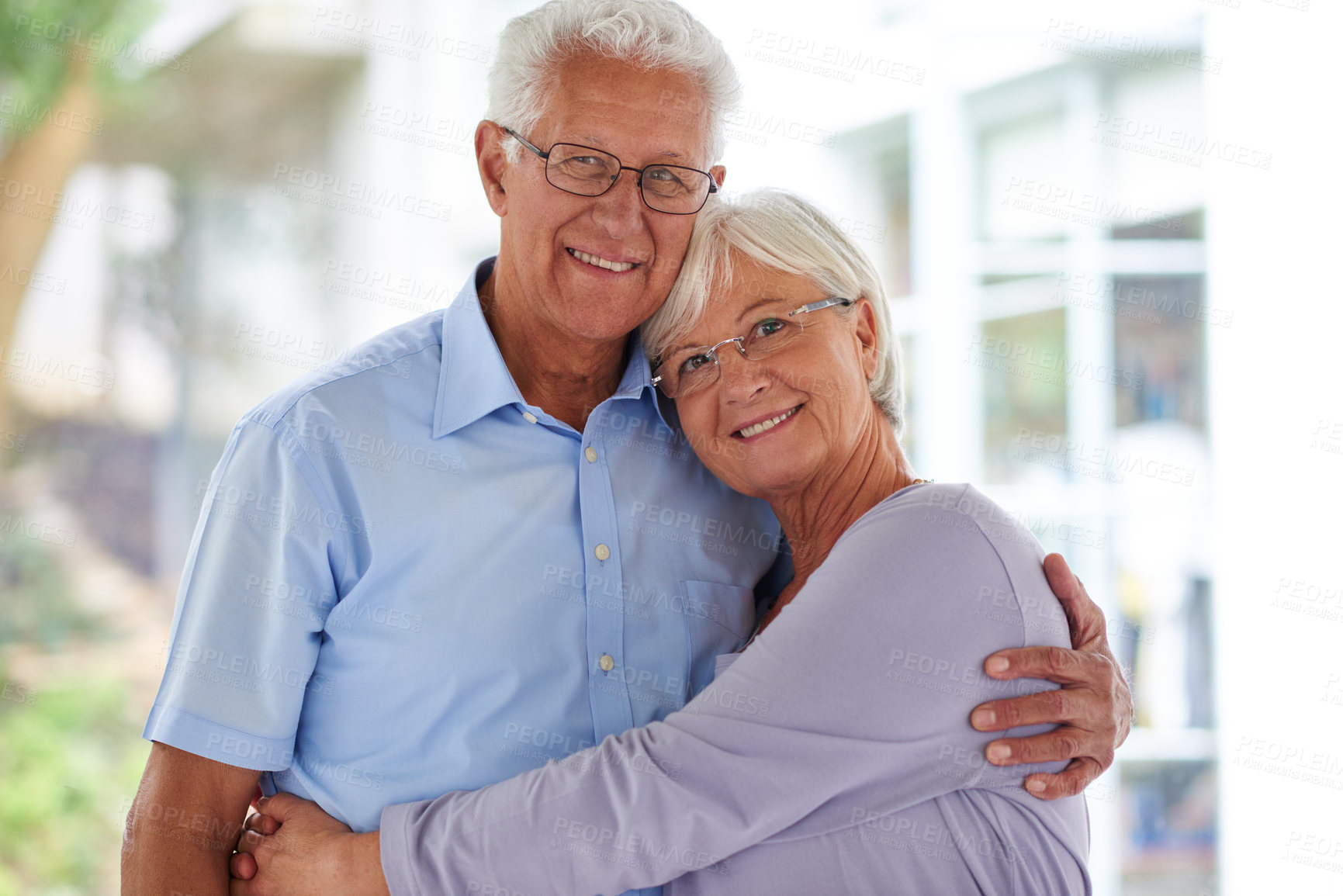 Buy stock photo Embrace, portrait and senior couple in apartment with love, care and happy marriage in retirement together. Hug, elderly man and old woman in home with smile, support and comfort in morning bonding.