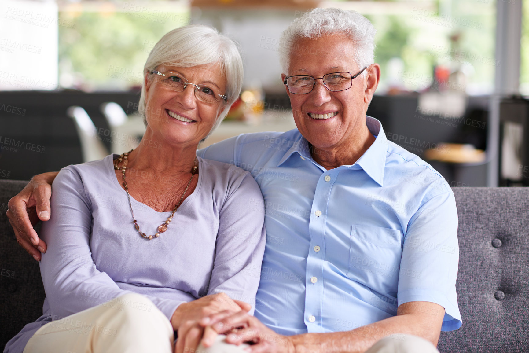 Buy stock photo Embrace, portrait and senior couple on couch with love, care or happy marriage in retirement together. Hug, elderly man and old woman on sofa with smile, support or comfort in morning bonding in home